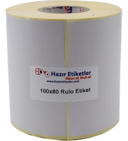 Kuşe Etiket 100mm x 80mm Ruloda 500 Adet 40mm Kuka Çapında Baskısız Barkod Yazıcı Etiketi