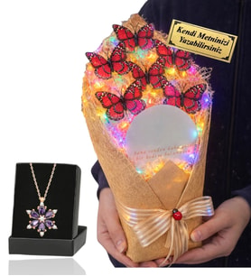Size Özel Renkli Led Işıklı Aynalı Kelebek Buketi ve Gerçek Ametist Taşlı Lotus Kolye (Kırmızı)