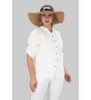 %100 Cotton Hakim Yaka Büyük Beden Kadın Müslim Kumaş Gömlek (Beyaz)