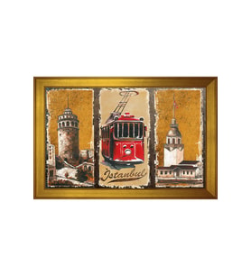 Galata Kulesi Tramvay Kız Kulesi Motifli Kanvas Tablo 50 x 70 cm Gold Çerçeve