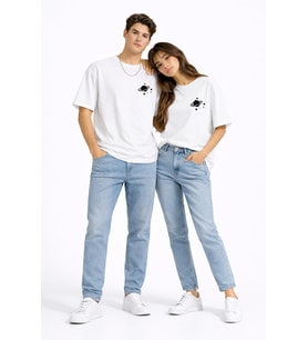 Sevgili Kombini Minimal Uzay Gezegen Baskılı Çift Tişört Oversize Unisex Partner Tişört 2'li Set (Beyaz)