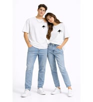 Sevgili Kombini Minimal Uzay Gezegen Baskılı Çift Tişört Oversize Unisex Partner Tişört 2'li Set (Beyaz)