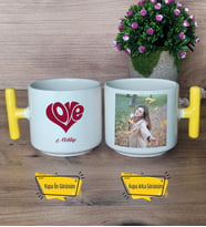 Love Sevgili Kupa Bardak Fotoğraflı T Sarı Kulplu Sevgiliye Sevgililer Günü Hediyesi