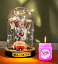 Kişiye Özel İsimli 3 Fotoğraflı Fanus ve Pembe Mis Kokulu Mum  Kişiye Özel Hediye Seti (Model 6)