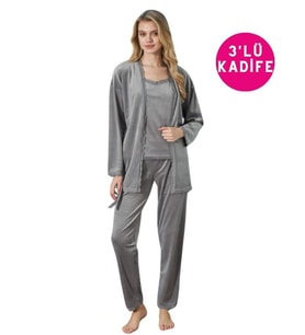 Kadın İp Askılı İnce Dantel Detaylı Sabahlıklı Kışlık Kadife 3'lü Pijama Takımı-Çeyizlik Set (Açık Gri)
