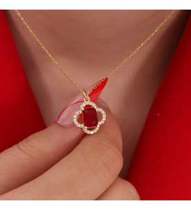 925 Ayar Gümüş Yonca Kolye, Kırmızı Taşlı Baget Kolye, Gümüş Minimal Kırmızı Kolye, Zarif Yonca Kolye (Gold)