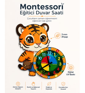 Sevimli Çantalı Kaplan Tiger Montessori Çocuk Odası Eğitici Ahşap Duvar Saati - Sessiz Mekanizma