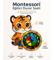 Sevimli Çantalı Kaplan Tiger Montessori Çocuk Odası Eğitici Ahşap Duvar Saati - Sessiz Mekanizma