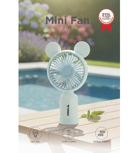 Torima Şarjlı El Vantilatörü Ayıcık Kulaklı 2 Kademeli Işıklı Mini Fan F12 Mavi