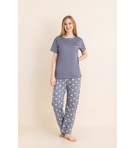 Kadın Pijama Takımı-Menekşe Kumaş-3 Düğmeli-Yaka Baskılı-12606SF ENİSENA (Gri)