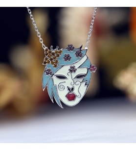 Sarı Taşlı Renkli Mineli Japon Maske Gümüş Kolye