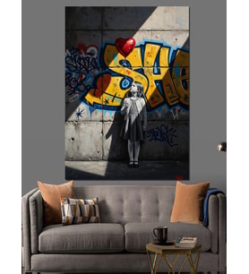 Graffiti Önünde Duran Küçük Çocuk Dekoratif Kanvas - Mdf Ahşap Tablo