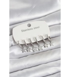 316L Çelik Gümüş Renk 6'lı Set Yıldız Model Kadın Küpe - TJ-BKP11752