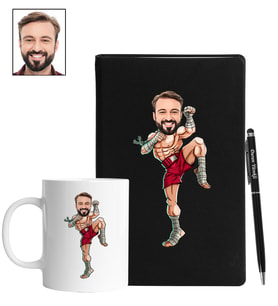 Kişiye Özel Kick Box Tasarımlı Karikatür Siyah Defter Kalem Kupa Seti 112