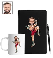 Kişiye Özel Kick Box Tasarımlı Karikatür Siyah Defter Kalem Kupa Seti 112