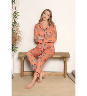 Kadın Kiremit Renkli Düğmeli Zebra Desenli Biyeli Uzun Kollu Pijama Takımı D-10001