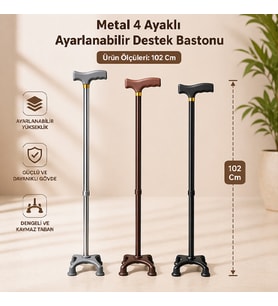 Metal 4 Ayaklı Ayarlanabilir Destek Bastonu T Saplı Kaymaz Taban 102 Cm Ahşap Görünümlü Yürüme Bastonu
