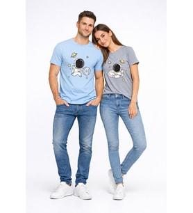 Sevgili Kombini Astronot Baskılı Çift Tişört Oversize Unisex Partner Tişört 2’li Set (Mavi)