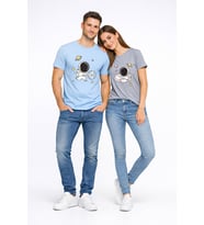 Sevgili Kombini Astronot Baskılı Çift Tişört Oversize Unisex Partner Tişört 2’li Set (Mavi)