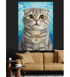 Gri Çizgili Sevimli Scottish Fold Kedi Dekoratif Kanvas - Mdf Ahşap Tablo