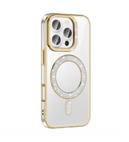 iPhone 16 Pro Max Kılıf Pırlanta Taş Tasarımlı Magsafe Şarj Özellikli Karetta Silikon Kapak (Gold)