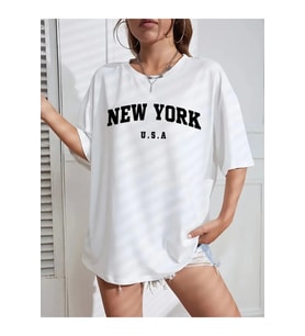 New York Baskılı Oversize Bisiklet Yaka T-shirt - Beyaz