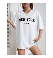 New York Baskılı Oversize Bisiklet Yaka T-shirt - Beyaz