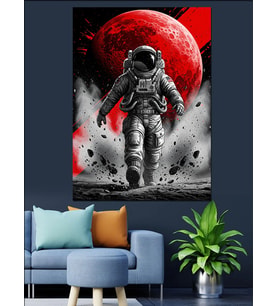 Kırmızı Ay Ve Astronot Dekoratif Kanvas - Mdf Ahşap Tablo