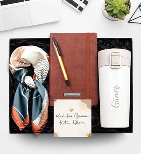 Kişiye Özel Defter & Gold-Siyah Renk Tükenmez Kalem & 350 ML Kilitli Beyaz Çelik Termos & Fular Hediye Seti