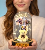 Peluş Ayıcık Temalı Kişiye Özel Tasarım Led Işıklı Fanus Hediyesi (Model 8)