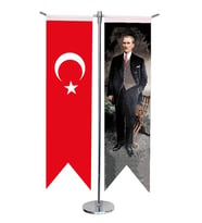 Masa Üstü Kırlangıç Atatürk + Türk Bayrağı + Krom T Direk Masa Bayrak Seti