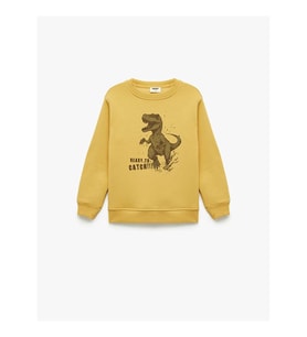 Koton Dinozor Baskılı Bisiklet Yaka Şardonlu Sarı Erkek Çocuk Sweatshirt 7WKB10059TK