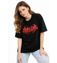 Kadın Kısa Kol Yazlık Tişört Bisiklet Yaka Baskılı Oversize T-Shirt - Siyah