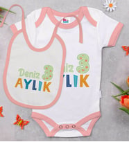 BK Kids Kişiye Özel Aylık Tasarımlı Pembe Bebek Body Zıbın ve Mama Önlüğü Hediye Seti-1