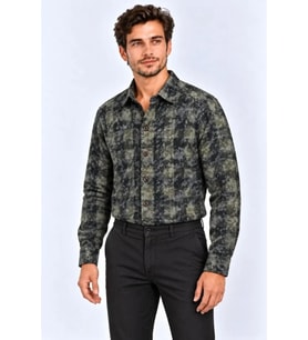 Erkek Ekose Kareli Batik Yıkamalı Şardonlu Uzun Kollu Regular Fit Oduncu Gömlek - Haki