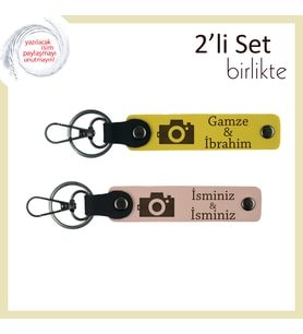 Anı Avcısına Özel, Kamera Temalı, İsme Yazılabilir Deri Anahtarlık Takımı, Sarı-Yavru Ağzı