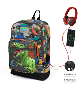 Coral High Kids Siyah Gri Dinozor Desenli Dört Bölmeli USB'li Okul Sırt Çantası 23844