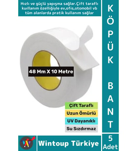 Premium Süper Güçlü Yapışkan İç Mekan Duvar Ahşap Çift Taraflı Köpük Bant 48 Mm x 10 Metre 5 Adet