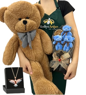 3'lü Peluş Ayıcık Buketi, Renkli Anka Kuşu Kolye ve Kahverengi Peluş Ayıcık (Model 4)