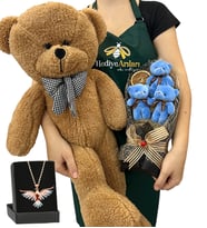 3'lü Peluş Ayıcık Buketi, Renkli Anka Kuşu Kolye ve Kahverengi Peluş Ayıcık (Model 4)
