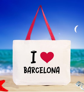 BK Gift I Love Barcelona Renkli Kulp Kanvas Plaj Çantası 48x40m, Baskılı Omuz Çantası, Alışveriş Çantası (Kırmızı)