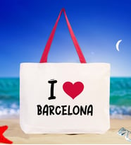 BK Gift I Love Barcelona Renkli Kulp Kanvas Plaj Çantası 48x40m, Baskılı Omuz Çantası, Alışveriş Çantası (Kırmızı)