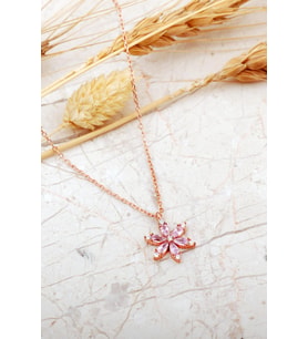 Pembe Taşlı Lotus Çiçeği Rose Kaplama Gümüş Kolye 8088