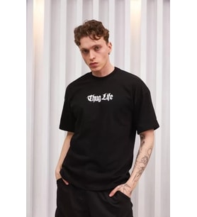 pilelistore- Unisex Bisiklet Yaka Baskılı Oversize T-Shirt - Siyah