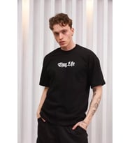 pilelistore- Unisex Bisiklet Yaka Baskılı Oversize T-Shirt - Siyah