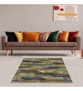 Yaprak Desenli Dijital Baskılı Kaymaz Taban Modern Salon Halısı ve Yolluk (Yeşil)
