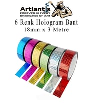 Renkli Hologram Bant 6 Renk 1 Paket 18mm x 3 Metre Yaldızlı Metalik Desenli Fosforlu Hologram Bant Hobi Tasarım (Çok Renkli)