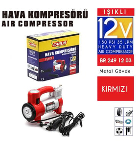 Carub Metal Gövdeli Lastik Hava Kompresörü Kırmızı Renk 12 Volt