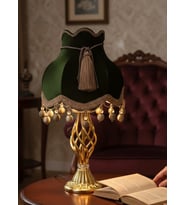 Haki Kadife Kaplı Gold İşlemeli Başlık Metal Burgulu Gold Ayaklı Klasik Model Abajur 50x30cm