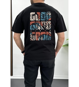 Erkek Oversize %100 Pamuk Good Vibes Sırt Baskılı T-shirt Siyah Edw091